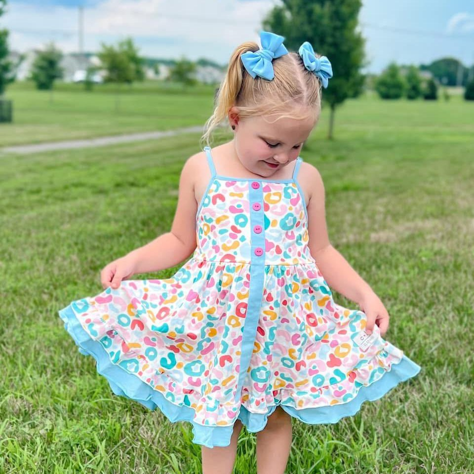 GSD2452  Baby Girls Blue Strap Colorful Leopard Button Knee Length Dresses  D 5.30