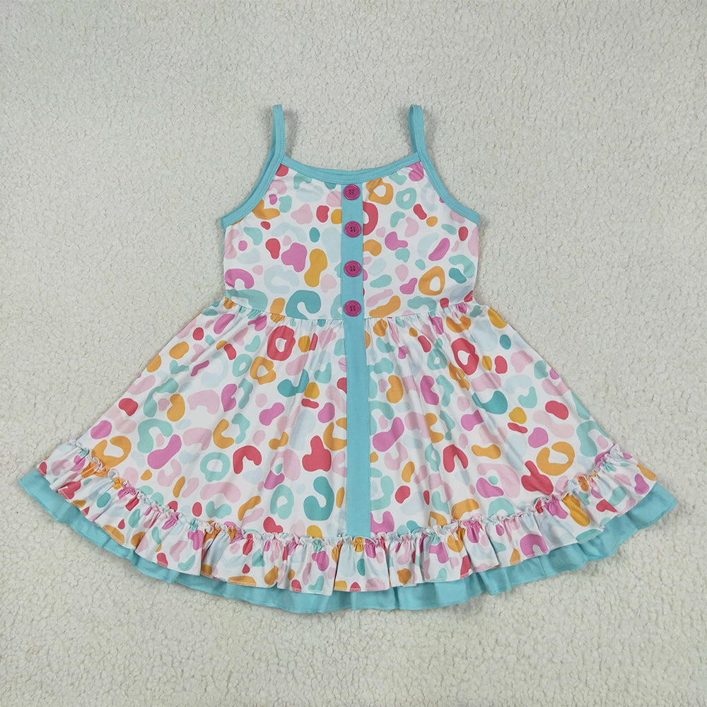 GSD2452  Baby Girls Blue Strap Colorful Leopard Button Knee Length Dresses  D 5.30