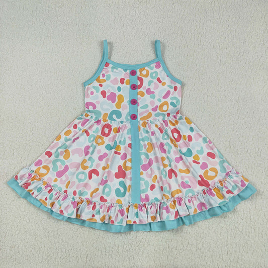 GSD2452  Baby Girls Blue Strap Colorful Leopard Button Knee Length Dresses  D 5.30