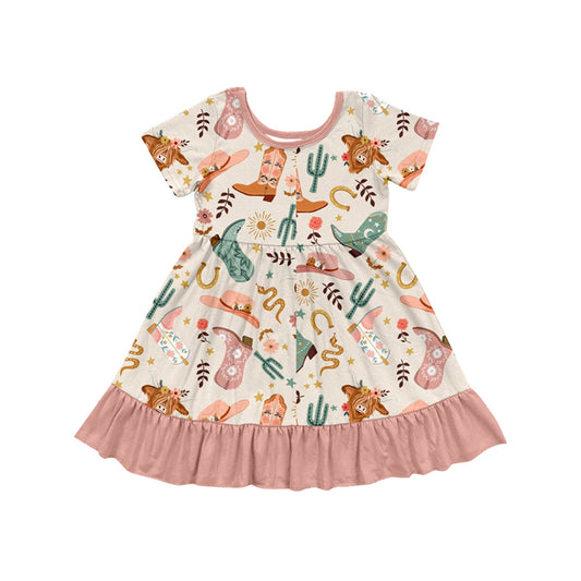 presale GSD2453 Baby Girls Peach Short Sleeves Highland Cows Boots Knee Length Dresses  D 4.3