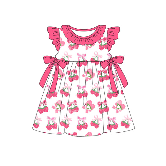 presale GSD2455  Baby Girls Pink Flutter Sleeves Bows Strawberry Knee Length Dresses D 4.3