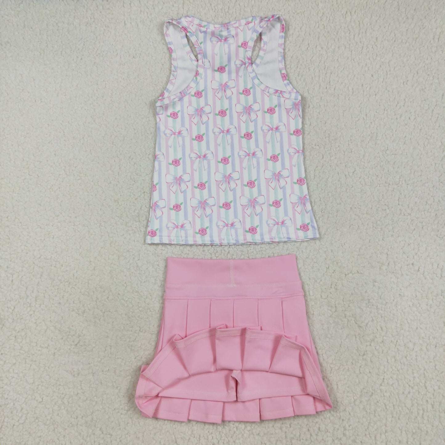 GSD2457  Pink Flowers Bows Top White Skirts Girls Summer Yoga Sets D7.21