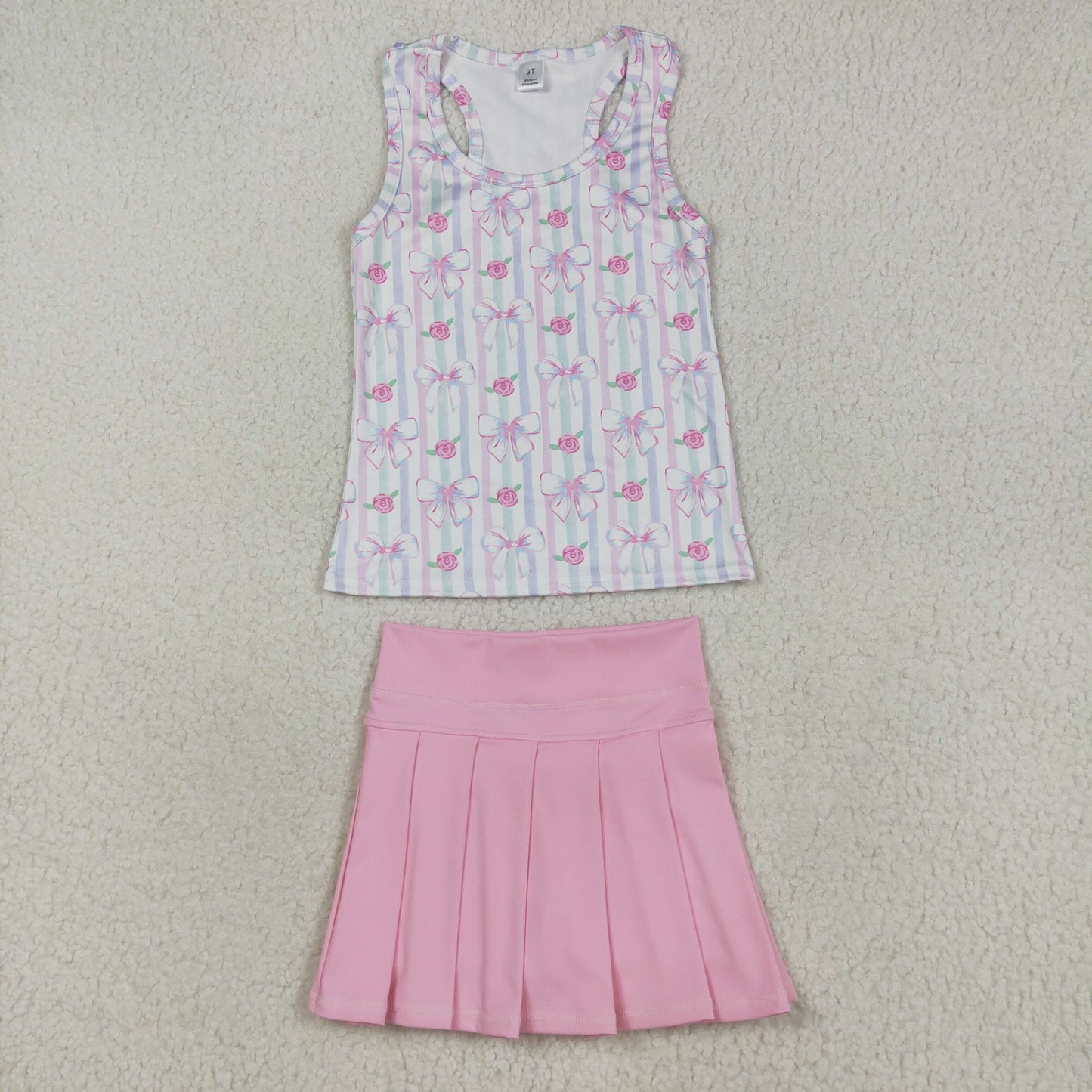 GSD2457  Pink Flowers Bows Top White Skirts Girls Summer Yoga Sets D7.21
