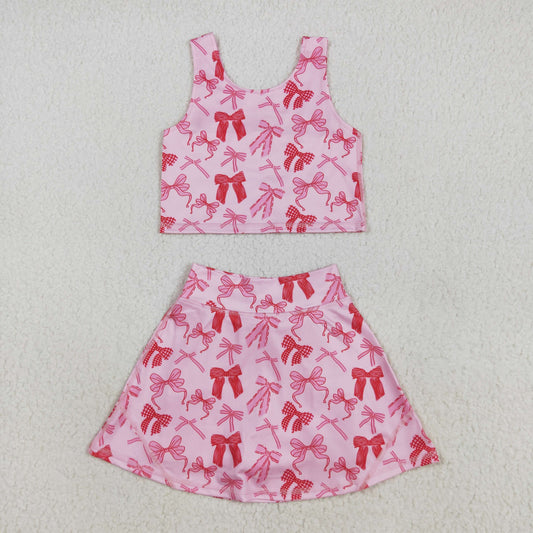GSD2459 Baby Girls Sleeveless Pink Bows Top Skort Yoga Set D 8.2