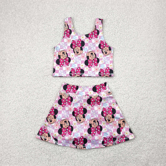 GSD2460  Baby Girls Sleeveless Pink Plaid Cartoon Mouse Top Skort Yoga Set D 4.3