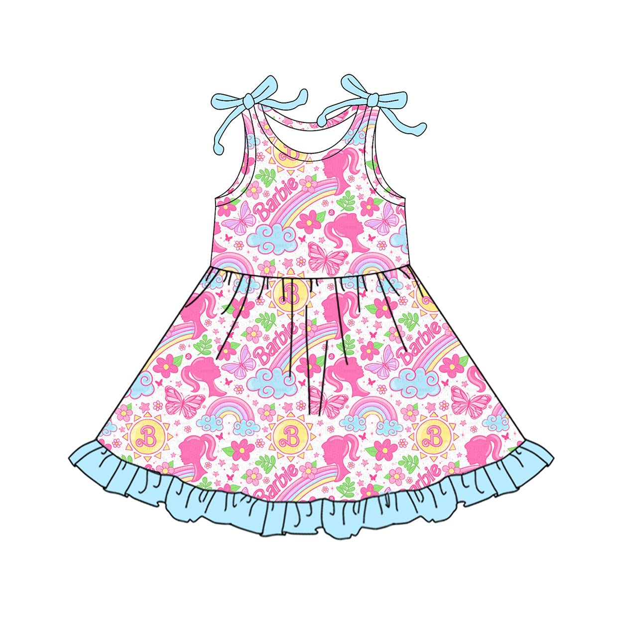 GSD2463  Baby Girls Strap Pink Flowers Cartoon Dolls Knee Length Dresses D 4.16