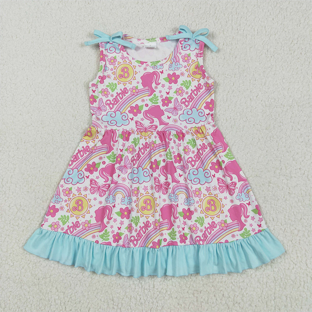 GSD2463  Baby Girls Strap Pink Flowers Cartoon Dolls Knee Length Dresses D 4.16