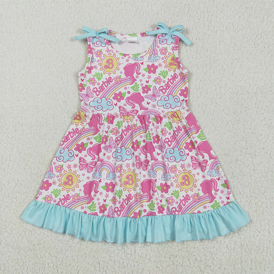 GSD2463  Baby Girls Strap Pink Flowers Cartoon Dolls Knee Length Dresses D 4.16