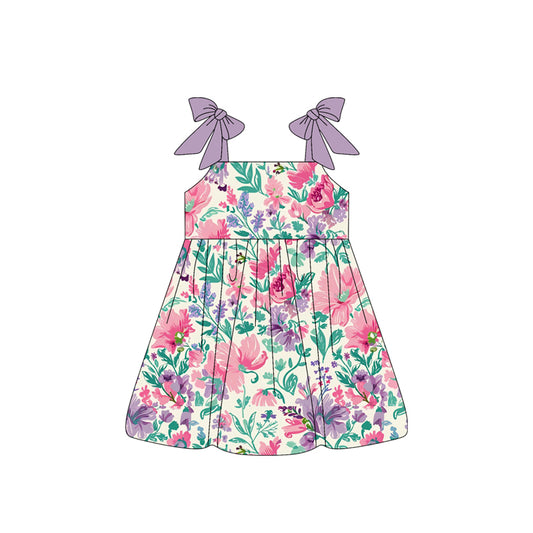 presale GSD2464 Baby Girls Bows Strap Lavender Pink Floral Knee Length Dresses D 4.3
