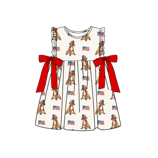 presale GSD2466 Dog Flag Print Girls 4th of July Knee Length Dress D 4.4