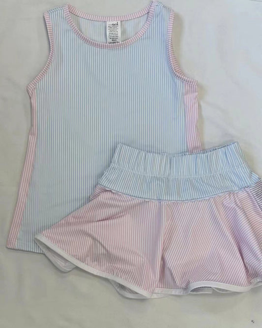 presale GSD2470 Baby Girls Sleeveless Blue Stripe Top Skort Yoga Set  D 4.7
