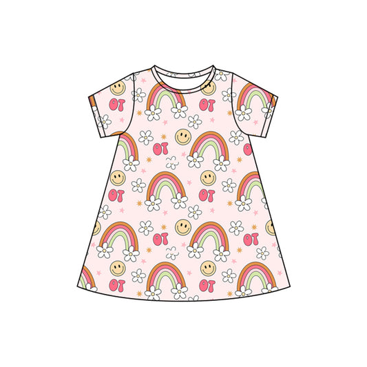 presale GSD2478 Baby Girls Pink Short Sleeves Smiles Rainbows Flowers Knee Length Dresses D 4.7