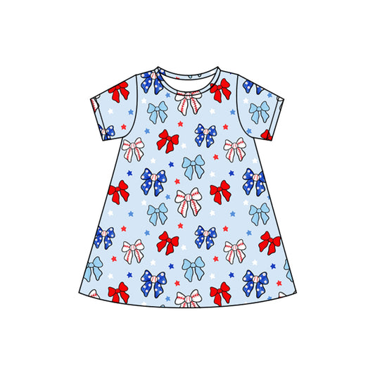 presale GSD2480  Baby Girls Short Sleeves Blue Red Bows Stars 4th Of July Knee Length Dresses D 4.7