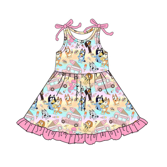 presale GSD2485 Baby Girls Pink Bows Sleeveless Cartoon Dogs Ice Cream Knee Length Dresses D 4.9