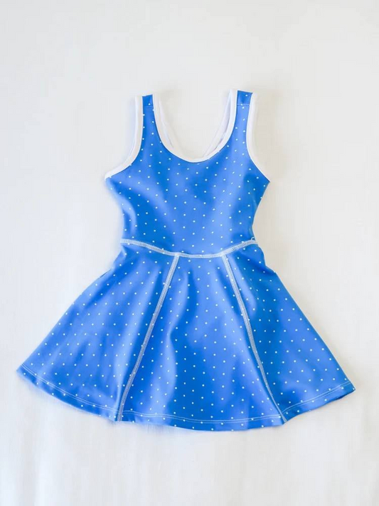 presale GSD2488 Baby Girls Blue Sleeveless Polka Dots Yoga Knee Length Dresses D 4.9