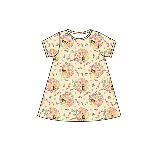 presale GSD2494  Baby Girls Yellow Short Sleeves Floral Princess Knee Length Dresses D 4.9