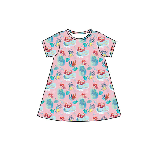 presale GSD2495 Baby Girls Pink Short Sleeves Mermaid Fishes Knee Length Dresses D 4.9