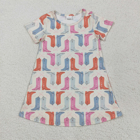 GSD2497  Baby Girls Short Sleeves Colorful Boots Knee Length Dresses D 5.22