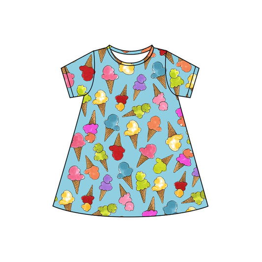 presale GSD2498 Baby Girls Blue Short Sleeves Colorful Ice Cream Knee Length Dresses  D 4.9
