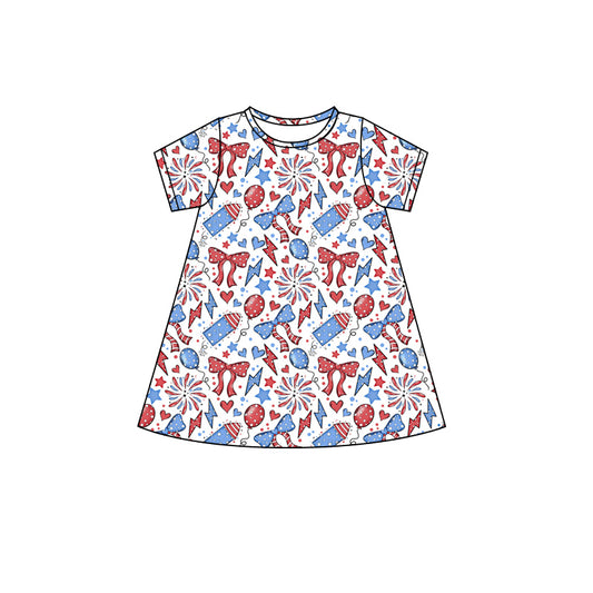 presale GSD2500 Baby Girls Short Sleeves Firework Balloons 4th Of July Knee Length Dresses D 4.9