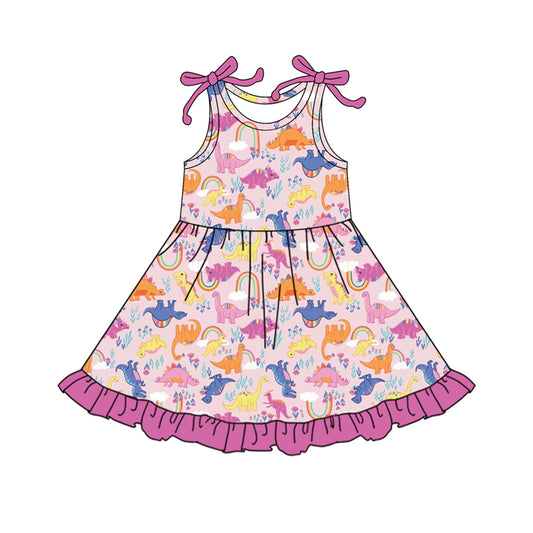 presale GSD2503 Baby Girls Pink Sleeveless Colorful Dinosaurs Knee Length Dress D 4.9