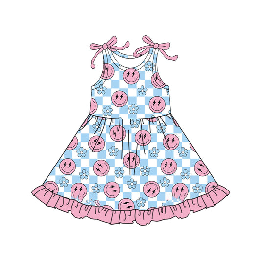 presale GSD2506 Baby Girls Sleeveless Pink Smiles Blue Flowers Knee Length Dress D 4.12