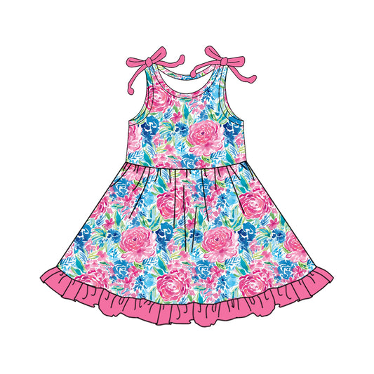 presale GSD2509 Baby Girls Sleeveless Pink Watercolor Flowers Knee Length Dress D 4.12