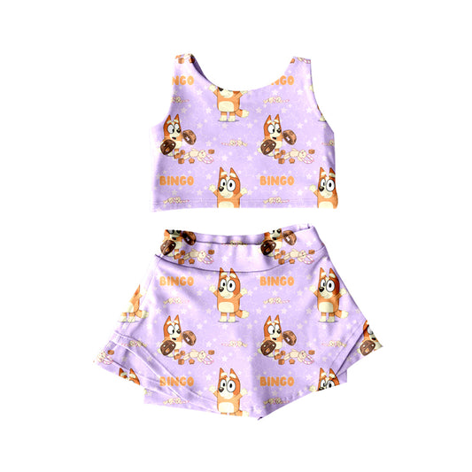 presale GSD2510 Baby Girls Lavender Sleeveless Cartoon Dogs Top Shorts Skirts Yoga Outfits D 4.12