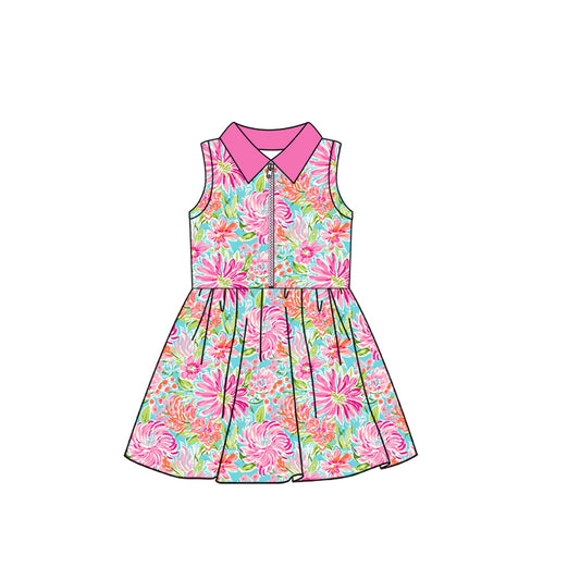 presale GSD2533 Baby Girls Sleeveless Hot Pink Watercolor Floral Zipper Knee Length Dresses D 4.16
