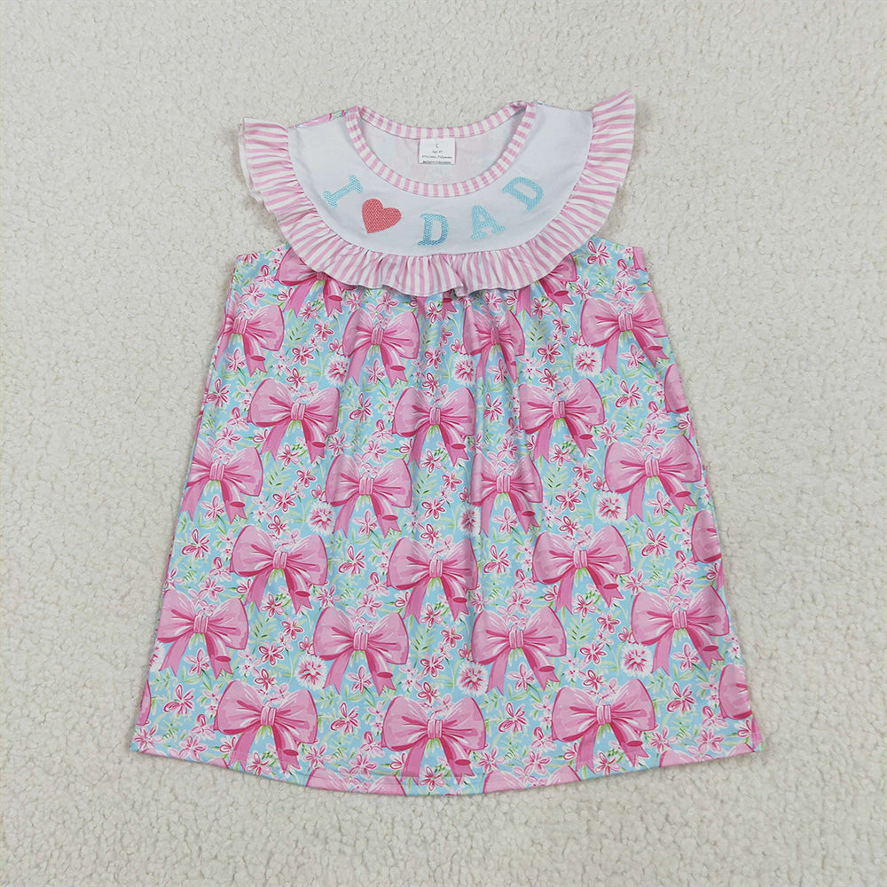 GSD2534 Baby Girls Pink Flutter Sleeves I Love Dad Floral Bows Knee Length Dresses   D 4.16