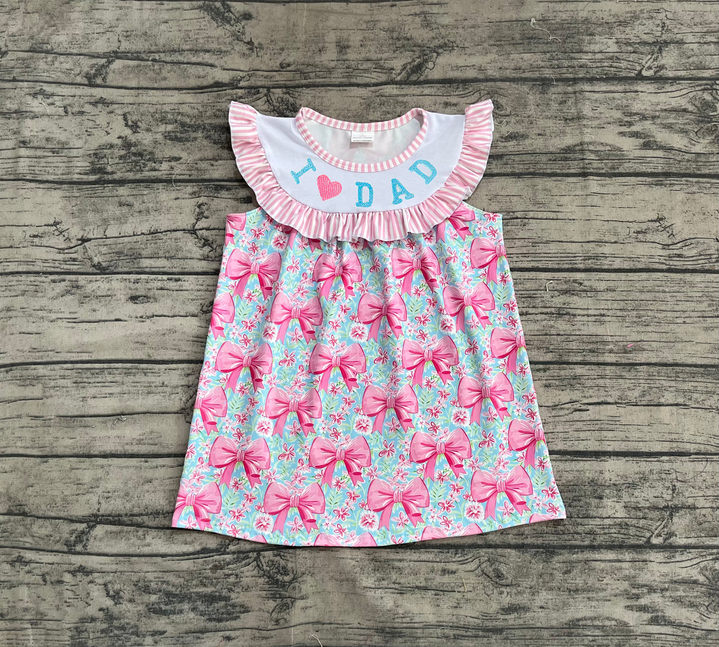 GSD2534 Baby Girls Pink Flutter Sleeves I Love Dad Floral Bows Knee Length Dresses   D 4.16
