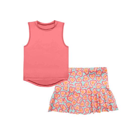 presale GSD2535 Baby Girls Peach Sleeveless Vest Top Hearts Skirts Yoga Activity Set D 4.25