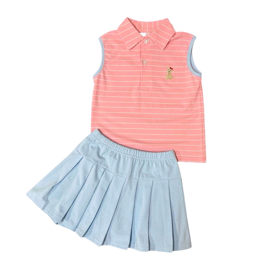 presale GSD2536 Baby Girls Peach Stripe Sleeveless Button Dog Top Ruffle Skirts Set  D 4.25