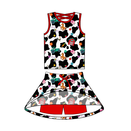 presale GSD2537 Baby Girls Sleeveless Cow Print House Top Skort Short Farm Set  D 4.25