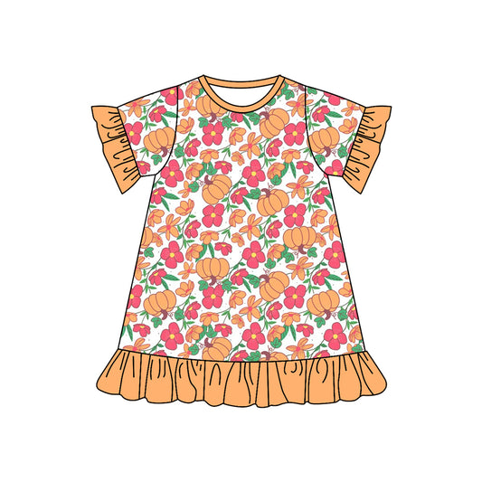 presale GSD2541 Baby Girls Short Ruffle Sleeves Flowers Pumpkins Knee Length Dress  D 4.25