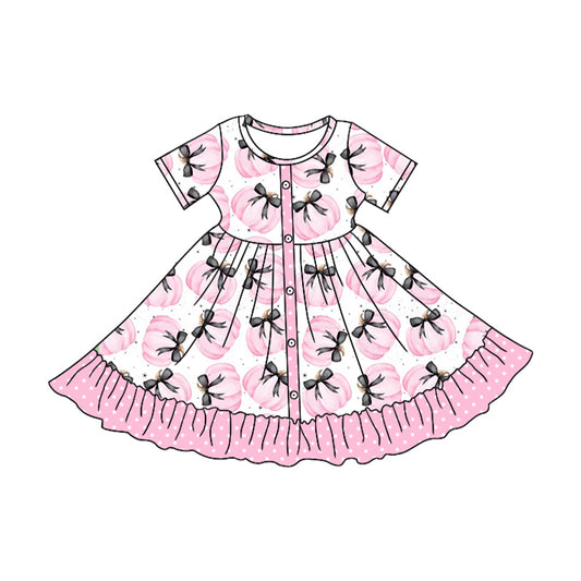 presale GSD2542  Baby Girls Short Sleeves Bows Pumpkins Button Knee Length Dress D 4.25