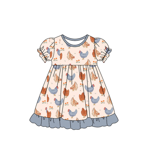 presale GSD2543 Baby Girls Short Ruffle Sleeves Flowers Chicks Knee Length Dress D 4.25
