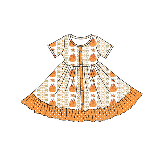 presale GSD2545 Pumpkin Bow Pattern Wavy Line Polka Dot Orange Lace Button Short Sleeve Dress D 4.28