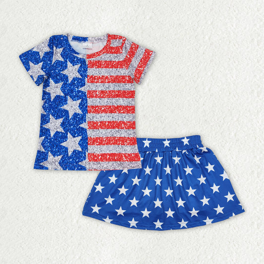 GSD2548 Baby Girls 4th of July Stars Stripe Shirt Skorts Skirt Sets D 5.6