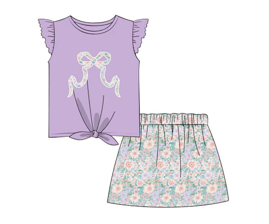 presale GSD2553 Baby Girls Flutter Sleeves Floral Bow Top Skirt Set D 5.7