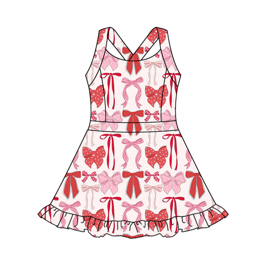 presale GSD2562 Baby Girls Strap Red Pink Bows Plaid Activity Wear Yoga Knee Length Dresses D 5.8