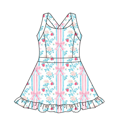 presale GSD2563 Baby Girls Strap Floral Bows Stripe Activity Wear Yoga Knee Length Dresses D 5.8