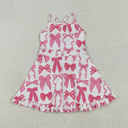 GSD2564 Baby Girls Strap Hot Pink Bows Plaid Activity Wear Yoga Knee Length Dresses D 5.8