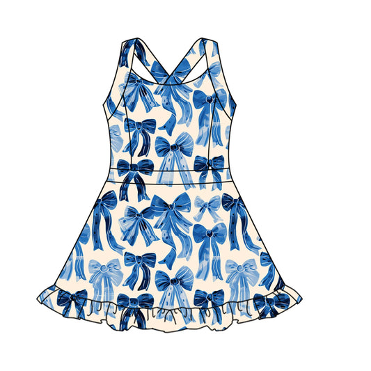 presale GSD2566 Baby Girls Strap Hot Blue Bows Activity Wear Yoga Knee Length Dresses D 5.8