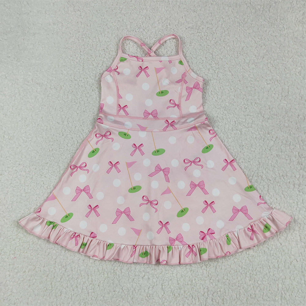 GSD2568  Baby Girls Strap Pink Bows Golf Flags Activity Wear Yoga Knee Length Dresses  D 5.8