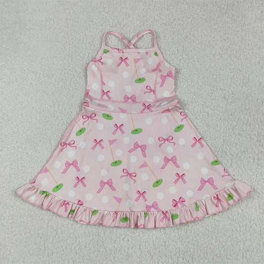 GSD2568  Baby Girls Strap Pink Bows Golf Flags Activity Wear Yoga Knee Length Dresses  D 5.8