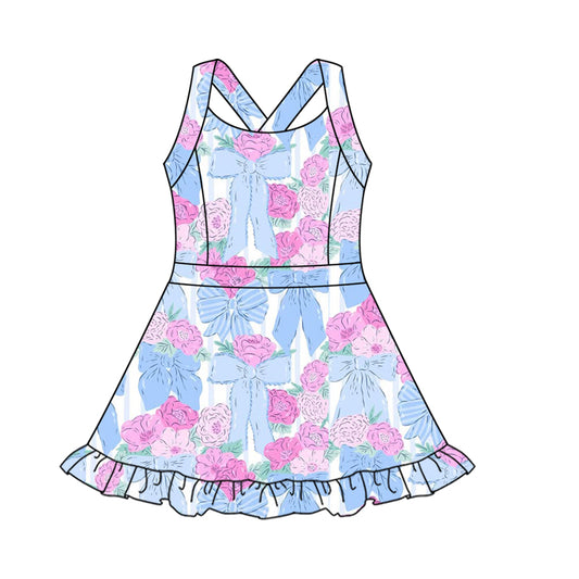 presale GSD2570 Baby Girls Strap Blue Bows Flowers Activity Wear Yoga Knee Length Dresses D 5.8