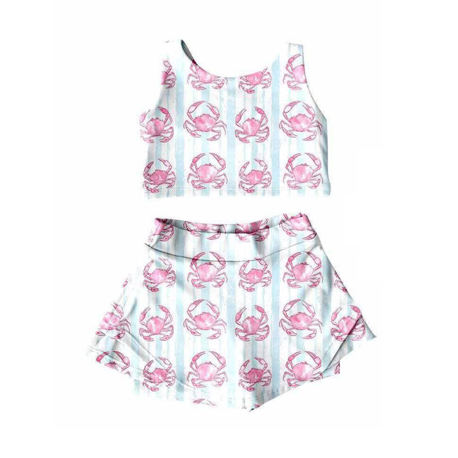 presale GSD2575  Baby Girls Sleeveless Blue Stripe Crabs Vests Top Skorts Yoga Clothges Set D 5.8