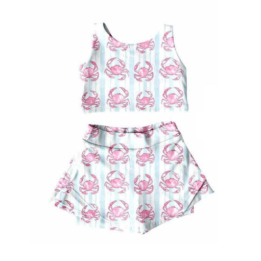 presale GSD2575  Baby Girls Sleeveless Blue Stripe Crabs Vests Top Skorts Yoga Clothges Set D 5.8