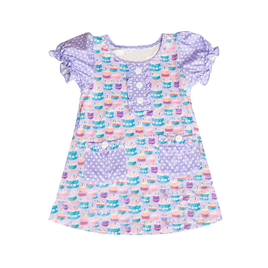 presale GSD2578 Baby Girls Lavender Polka Dots Birthday Cakes Button Pockets Knee Length Dress   D 5.9
